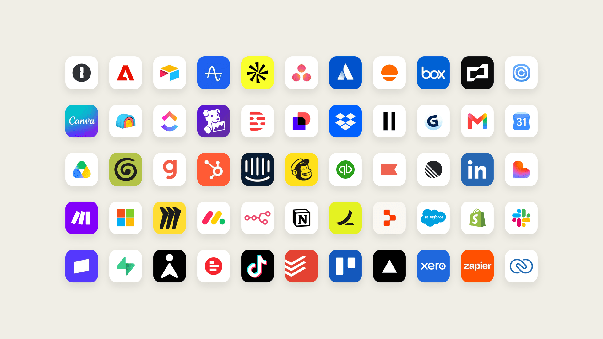 Claude Duet과 연결할 수 있는 앱 아이콘 모음: Canva, Gmail, Google Calendar, HubSpot, QuickBooks, LinkedIn, Notion, Salesforce, Shopify, Slack, Zapier 등