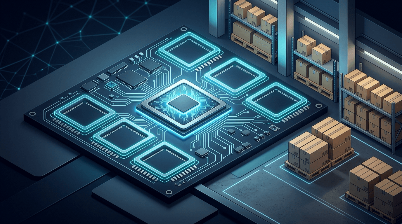 Illustration of an AI accelerator chip on a board with empty high-bandwidth memory sockets next to a warehouse of boxed inventory, representing memory supply limits