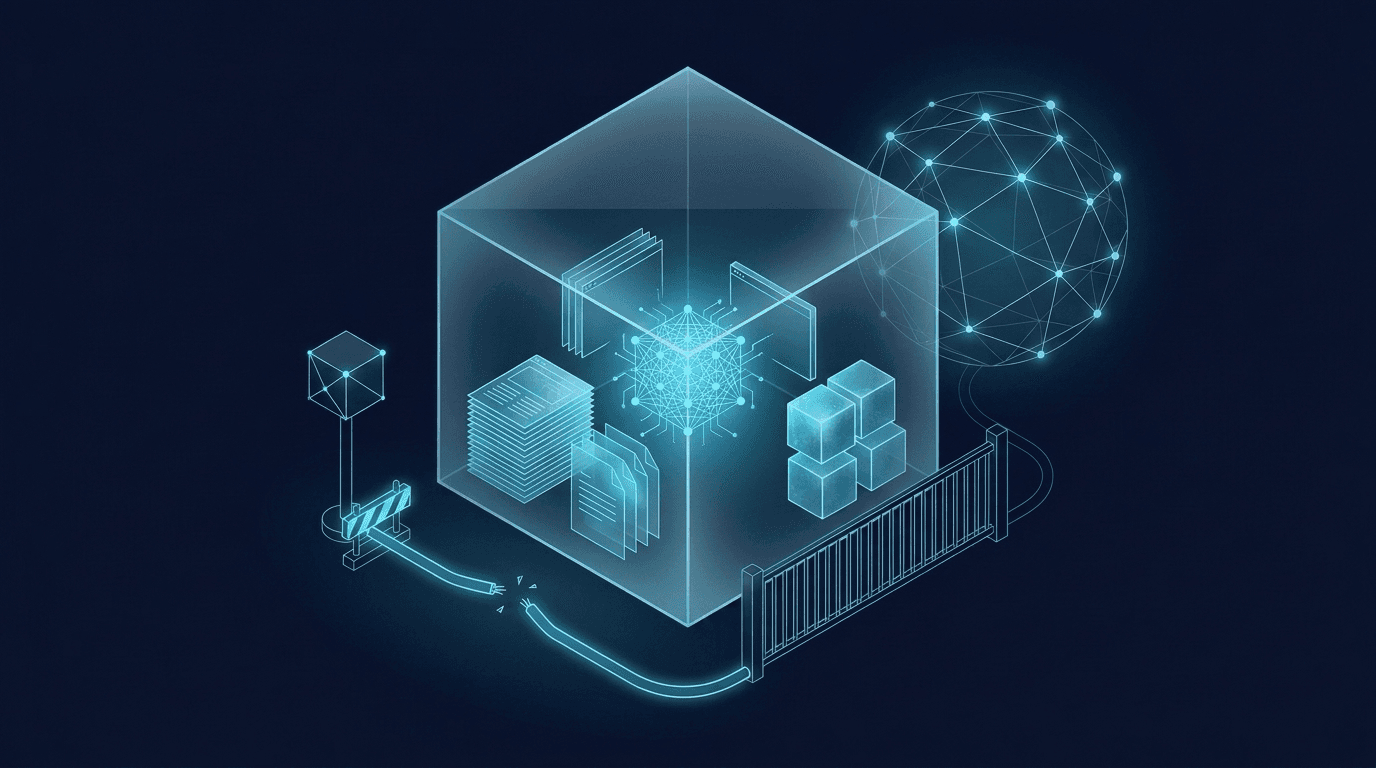 Illustration of an AI model training inside a sealed sandbox that holds a cached copy of the web, with the live internet outside behind a closed gate and a cut network cable