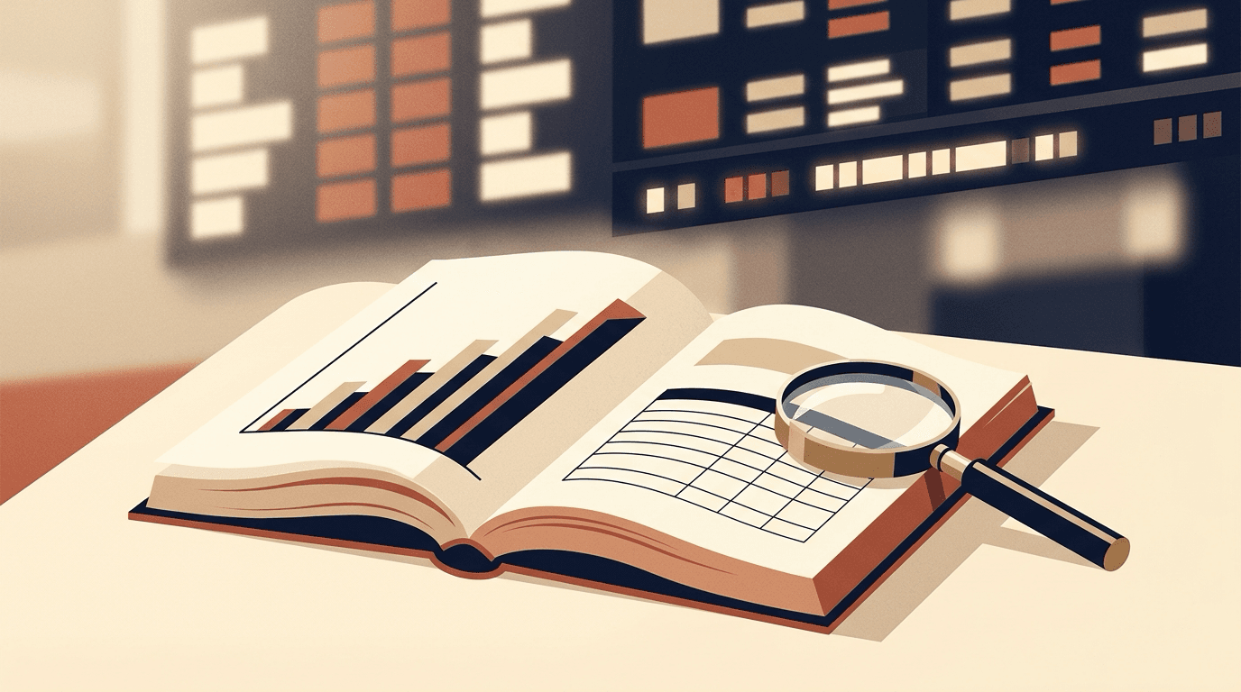 Illustration of an open IPO prospectus with rising bar charts and a ledger table under a magnifying glass, with a stock exchange board behind it