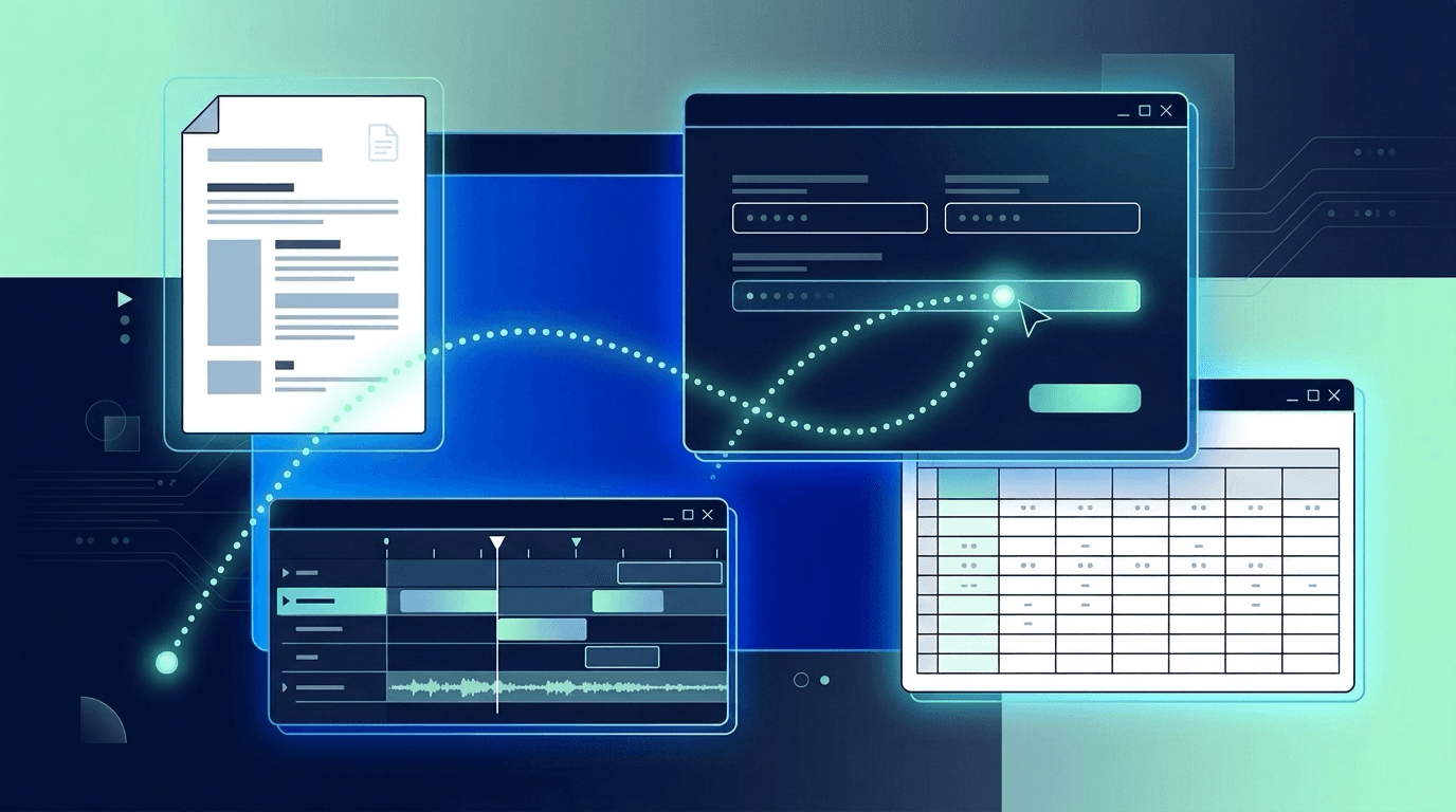 Illustration of an AI cursor moving between a document, a form, a spreadsheet and a video timeline on a desktop screen