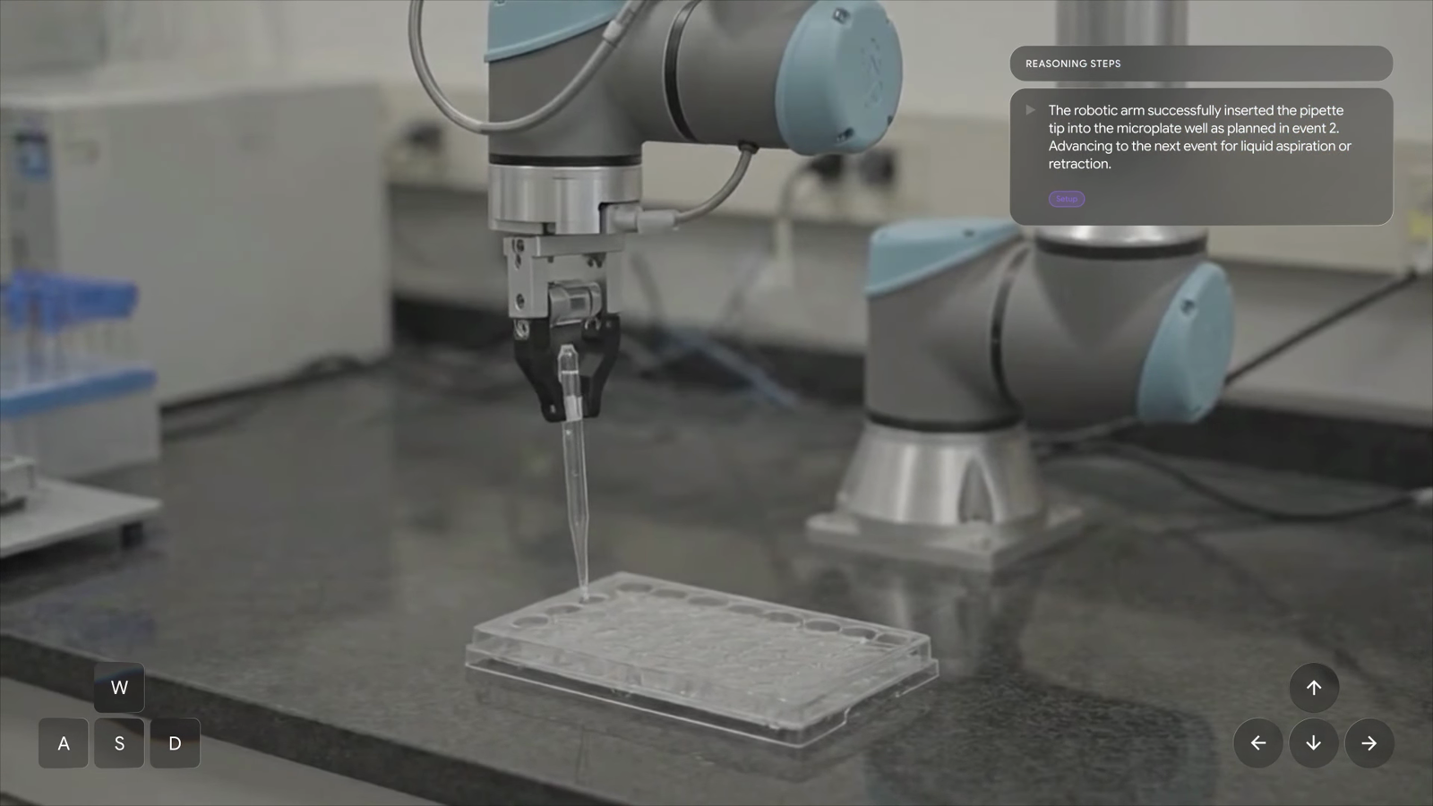 Genie 4 robotics demo of a robotic arm placing a pipette tip into a microplate, with a reasoning steps panel describing the plan