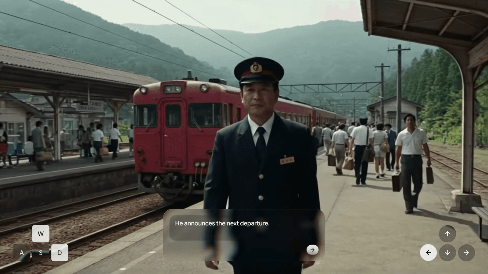 Genie 4 demo of a station attendant on a Japanese train platform with a dialogue prompt box reading He announces the next departure
