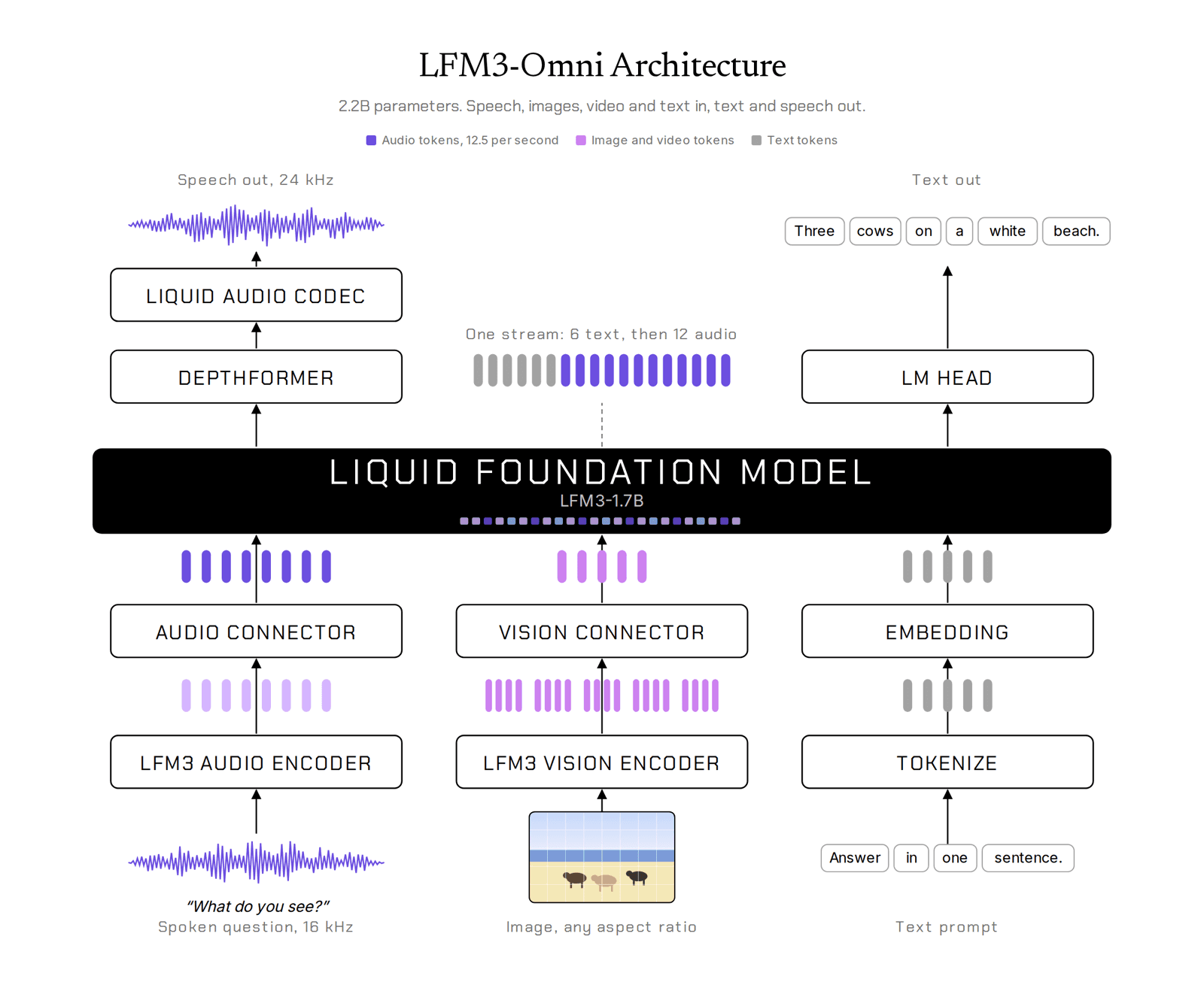 LFM3-Omni 아키텍처 다이어그램: 오디오 인코더, 비전 인코더, 텍스트 토크나이저가 커넥터를 거쳐 LFM3-1.7B 백본으로 들어가고, LM 헤드로 텍스트를, Depthformer와 Liquid 오디오 코덱으로 24kHz 음성을 출력